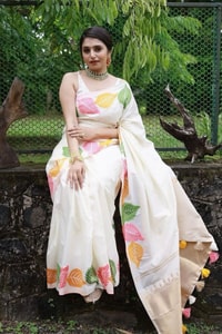 Colourful Leaf Motif Banarasi Soft Silk Saree with Gold and Copper Zari in Off-White and Black  in Surat