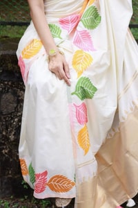 Colourful Leaf Motif Banarasi Soft Silk Saree with Gold and Copper Zari in Off-White and Black  in Surat
