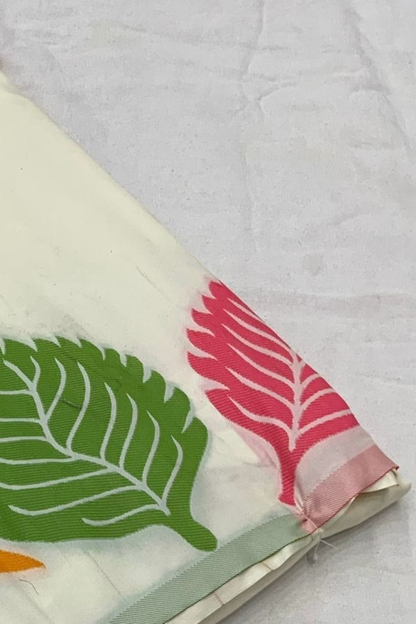 Colourful Leaf Motif Banarasi Soft Silk Saree with Gold and Copper Zari in Off-White and Black  in Surat