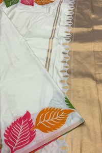 Colourful Leaf Motif Banarasi Soft Silk Saree with Gold and Copper Zari in Off-White and Black  in Surat