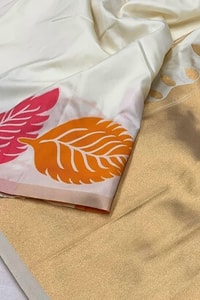 Colourful Leaf Motif Banarasi Soft Silk Saree with Gold and Copper Zari in Off-White and Black  in Surat