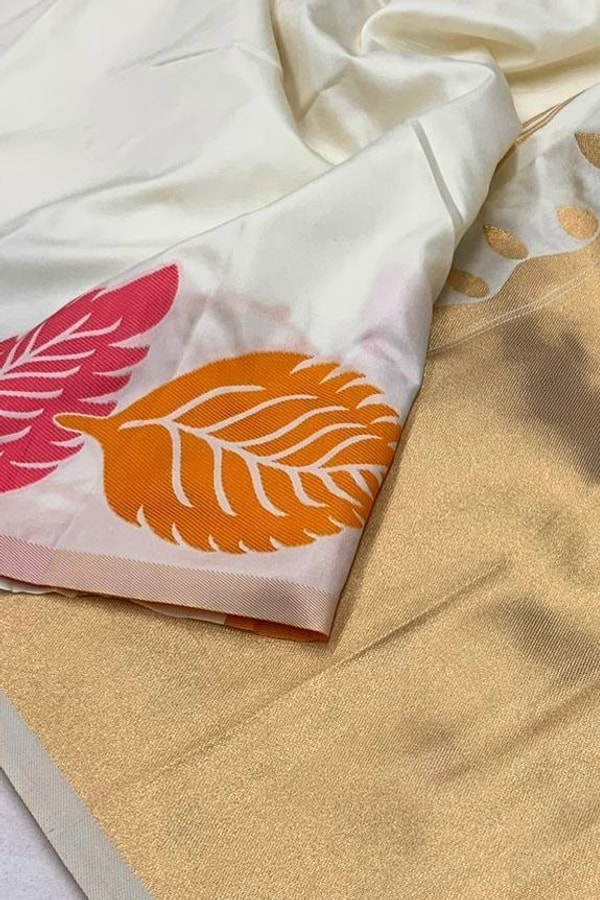 Colourful Leaf Motif Banarasi Soft Silk Saree with Gold and Copper Zari in Off-White and Black  in Surat