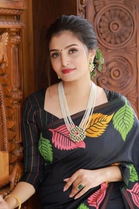 Colourful Leaf Motif Banarasi Soft Silk Saree with Gold and Copper Zari in Off-White and Black  in Surat