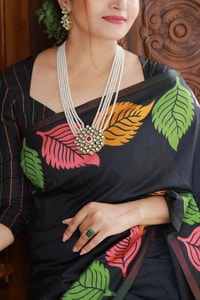 Colourful Leaf Motif Banarasi Soft Silk Saree with Gold and Copper Zari in Off-White and Black  in Surat