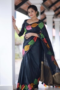 Colourful Leaf Motif Banarasi Soft Silk Saree with Gold and Copper Zari in Off-White and Black  in Surat
