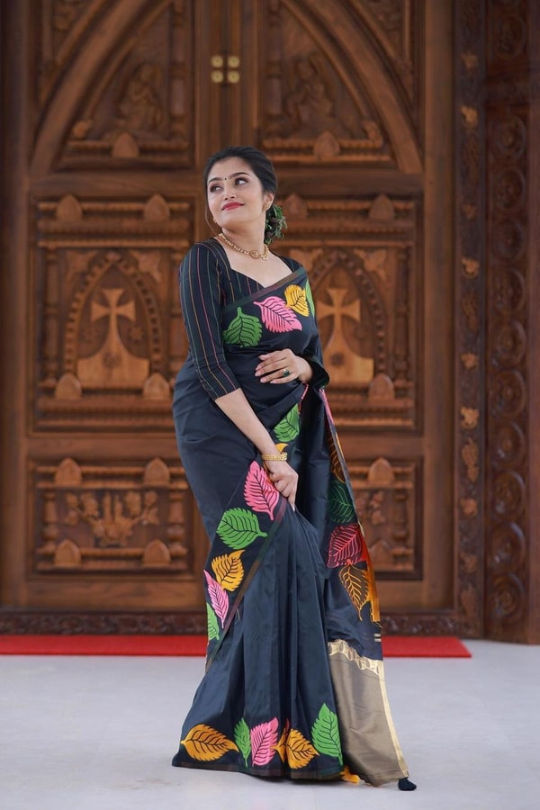 Colourful Leaf Motif Banarasi Soft Silk Saree with Gold and Copper Zari in Off-White and Black  in Surat