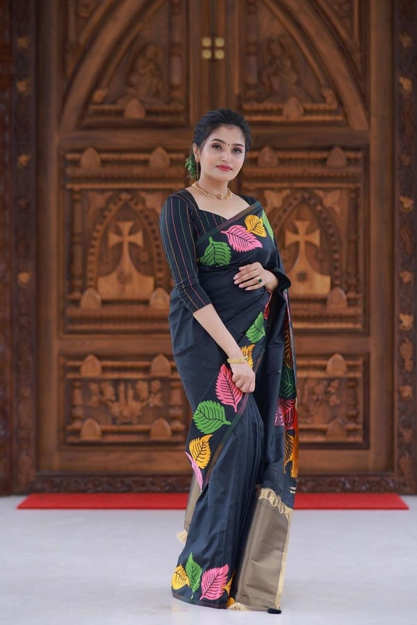 Colourful Leaf Motif Banarasi Soft Silk Saree with Gold and Copper Zari in Off-White and Black  in Surat