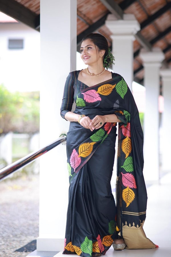 Colourful Leaf Motif Banarasi Soft Silk Saree with Gold and Copper Zari in Off-White and Black  in Surat
