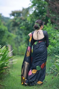 Colourful Leaf Motif Banarasi Soft Silk Saree with Gold and Copper Zari in Off-White and Black  in Surat
