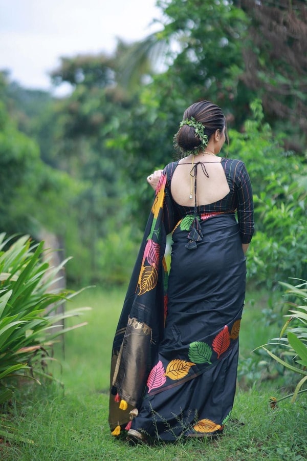 Colourful Leaf Motif Banarasi Soft Silk Saree with Gold and Copper Zari in Off-White and Black  in Surat