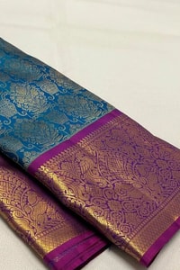 Contrast Border Banarasi Soft Silk Saree with Jacquard Zari Brocade in Teal and Purple  in Surat