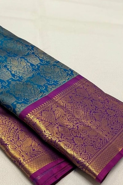 Contrast Border Banarasi Soft Silk Saree with Jacquard Zari Brocade in Teal and Purple in Surat