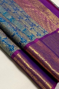 Contrast Border Banarasi Soft Silk Saree with Jacquard Zari Brocade in Teal and Purple  in Surat