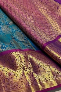 Contrast Border Banarasi Soft Silk Saree with Jacquard Zari Brocade in Teal and Purple  in Surat