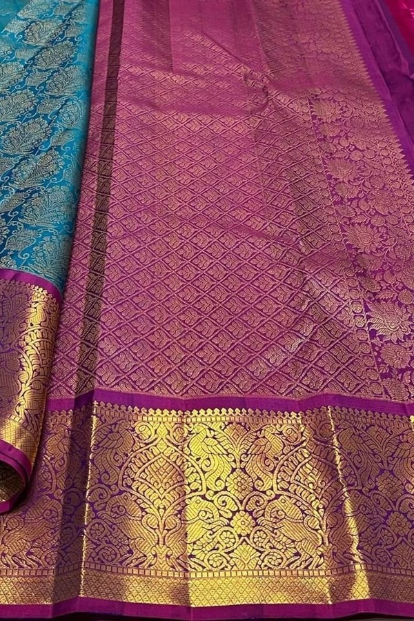 Contrast Border Banarasi Soft Silk Saree with Jacquard Zari Brocade in Teal and Purple  in Surat