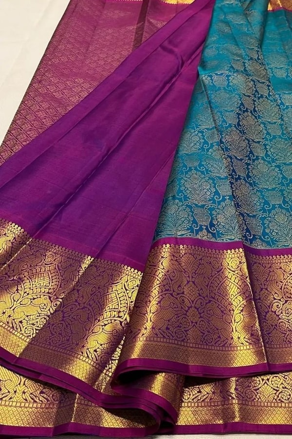 Contrast Border Banarasi Soft Silk Saree with Jacquard Zari Brocade in Teal and Purple  in Surat