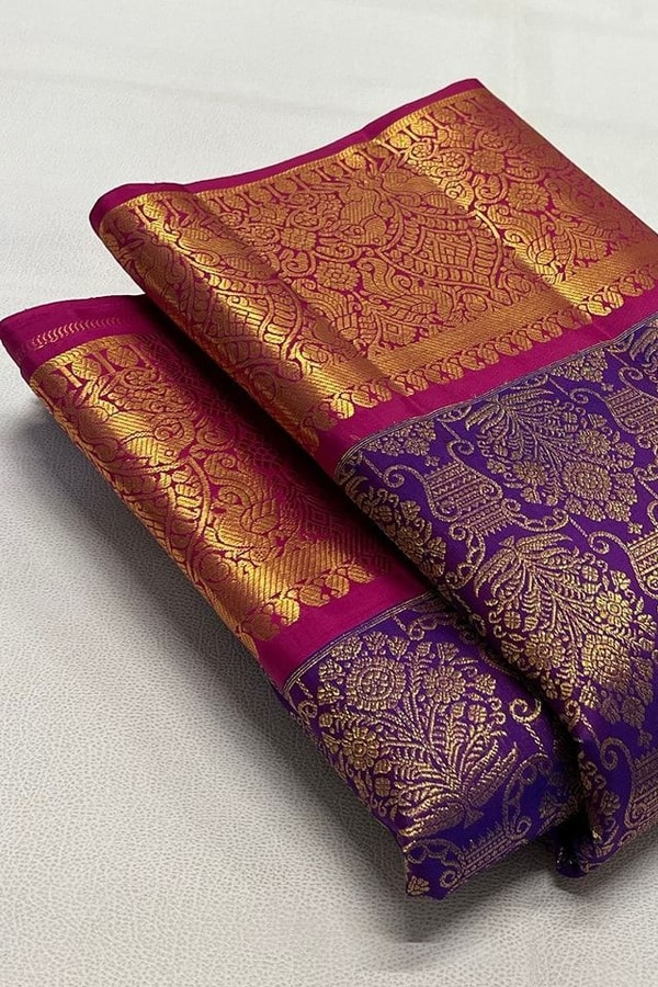 Contrast Border Banarasi Soft Silk Saree with Jacquard Zari Brocade in Teal and Purple  in Surat