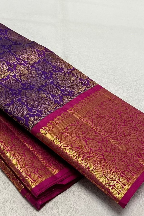 Contrast Border Banarasi Soft Silk Saree with Jacquard Zari Brocade in Teal and Purple  in Surat