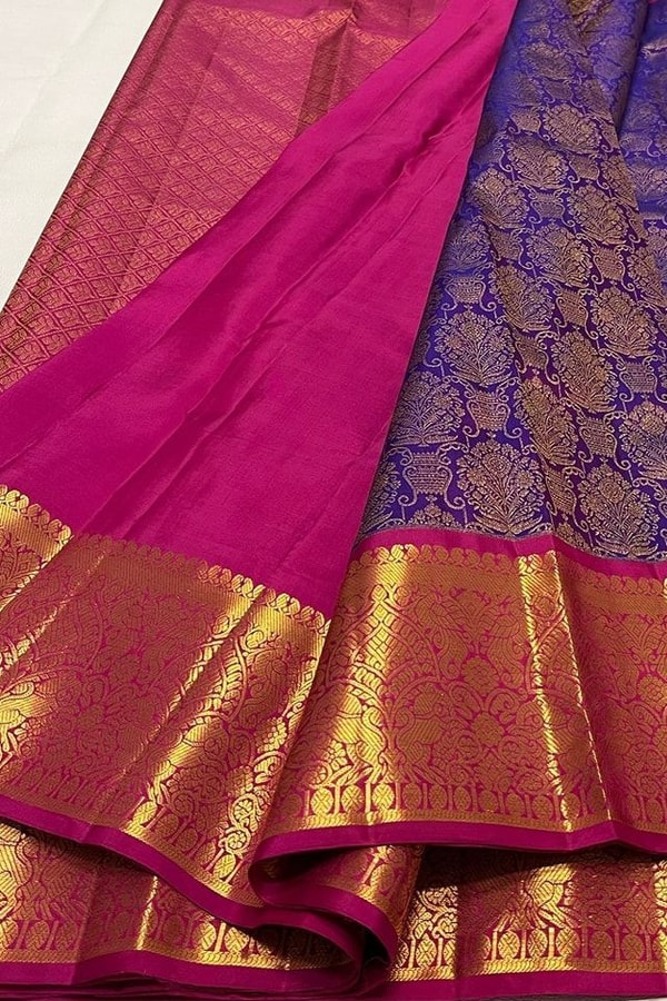 Contrast Border Banarasi Soft Silk Saree with Jacquard Zari Brocade in Teal and Purple  in Surat