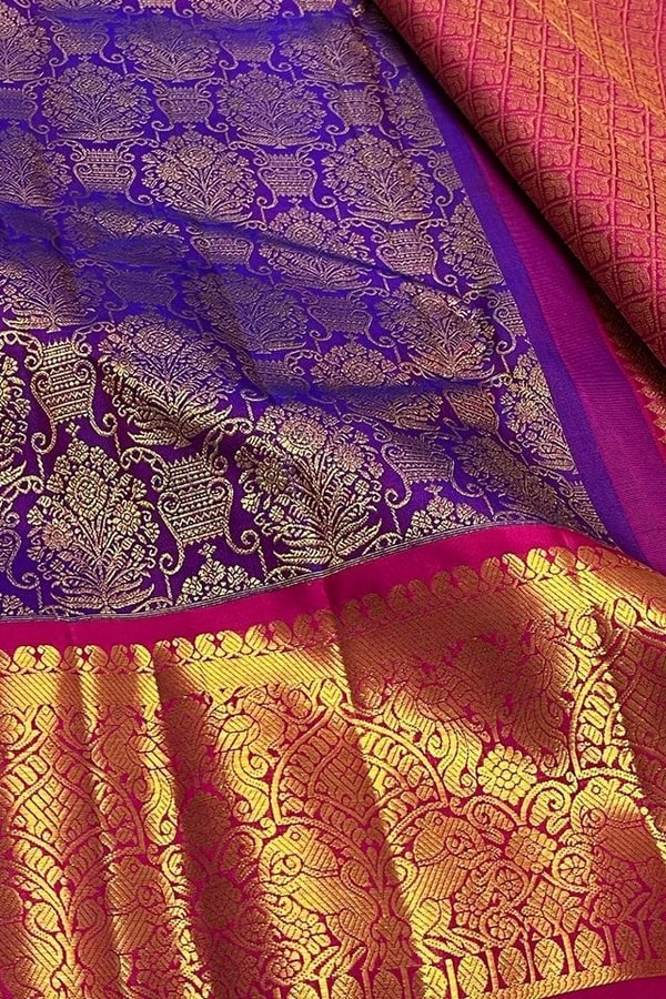 Contrast Border Banarasi Soft Silk Saree with Jacquard Zari Brocade in Teal and Purple  in Surat