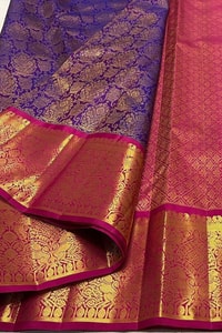 Contrast Border Banarasi Soft Silk Saree with Jacquard Zari Brocade in Teal and Purple  in Surat