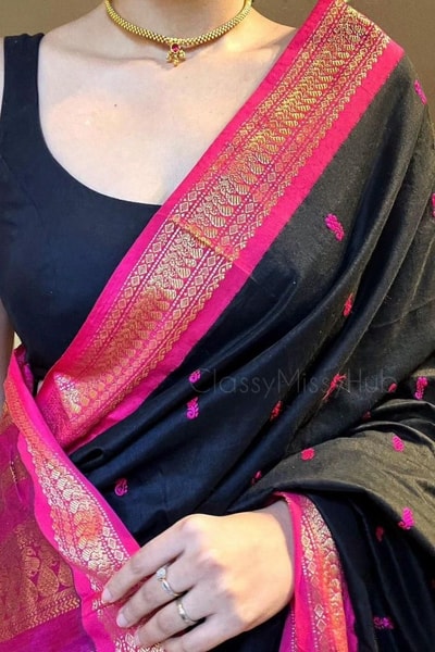 Contrast Border Banarasi Soft Silk Saree with Zari Buttis in Five Two-Tone Combinations in Surat