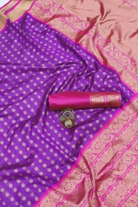 Contrast Pallu Banarasi Soft Silk Saree with Zari Buttis in Purple, Rani Pink and Green  in Surat