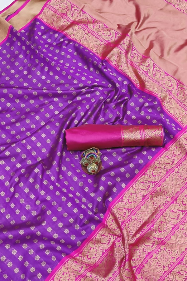 Contrast Pallu Banarasi Soft Silk Saree with Zari Buttis in Purple, Rani Pink and Green  in Surat