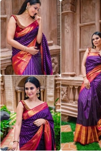 Contrast Pallu Banarasi Soft Silk Saree with Zari Buttis in Purple, Rani Pink and Green  in Surat