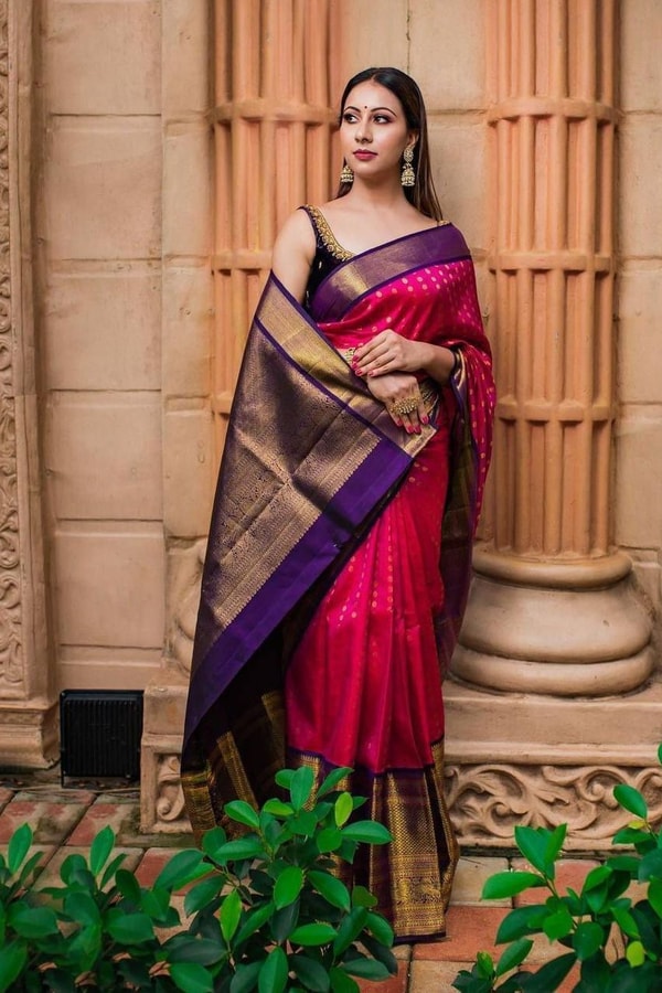 Contrast Pallu Banarasi Soft Silk Saree with Zari Buttis in Purple, Rani Pink and Green  in Surat