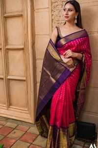 Contrast Pallu Banarasi Soft Silk Saree with Zari Buttis in Purple, Rani Pink and Green  in Surat