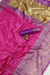 Contrast Pallu Banarasi Soft Silk Saree with Zari Buttis in Purple, Rani Pink and Green  in Surat