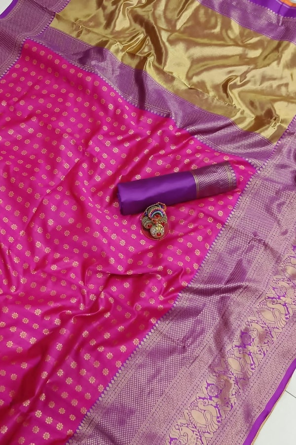 Contrast Pallu Banarasi Soft Silk Saree with Zari Buttis in Purple, Rani Pink and Green  in Surat