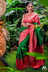 Contrast Pallu Banarasi Soft Silk Saree with Zari Buttis in Purple, Rani Pink and Green  in Surat