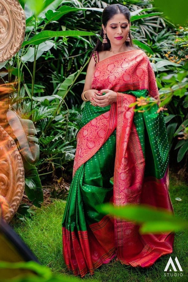 Contrast Pallu Banarasi Soft Silk Saree with Zari Buttis in Purple, Rani Pink and Green  in Surat