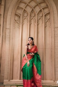 Contrast Pallu Banarasi Soft Silk Saree with Zari Buttis in Purple, Rani Pink and Green  in Surat