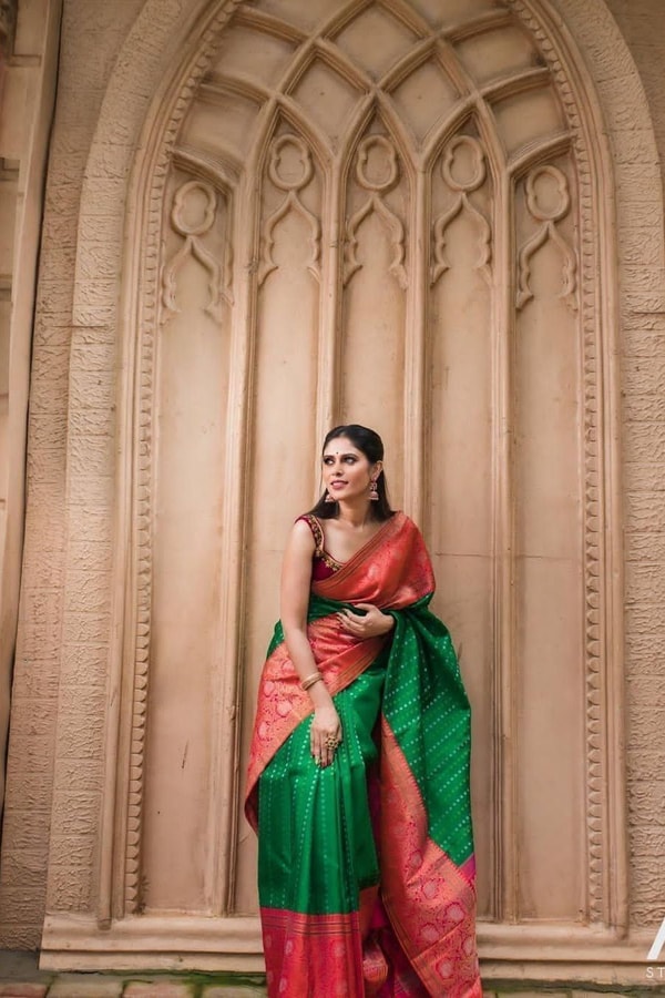 Contrast Pallu Banarasi Soft Silk Saree with Zari Buttis in Purple, Rani Pink and Green  in Surat