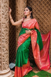 Contrast Pallu Banarasi Soft Silk Saree with Zari Buttis in Purple, Rani Pink and Green  in Surat