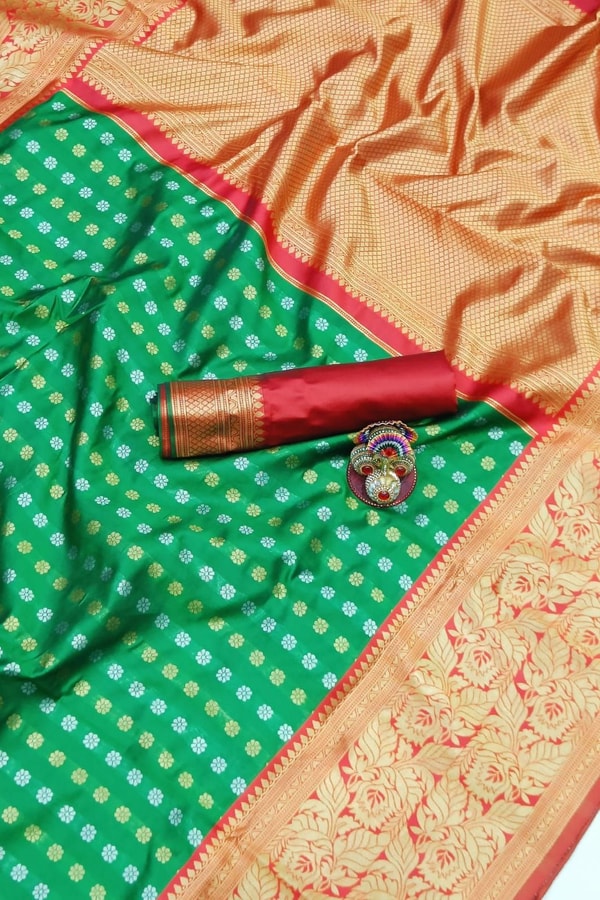 Contrast Pallu Banarasi Soft Silk Saree with Zari Buttis in Purple, Rani Pink and Green  in Surat