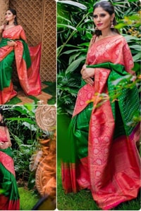 Contrast Pallu Banarasi Soft Silk Saree with Zari Buttis in Purple, Rani Pink and Green  in Surat
