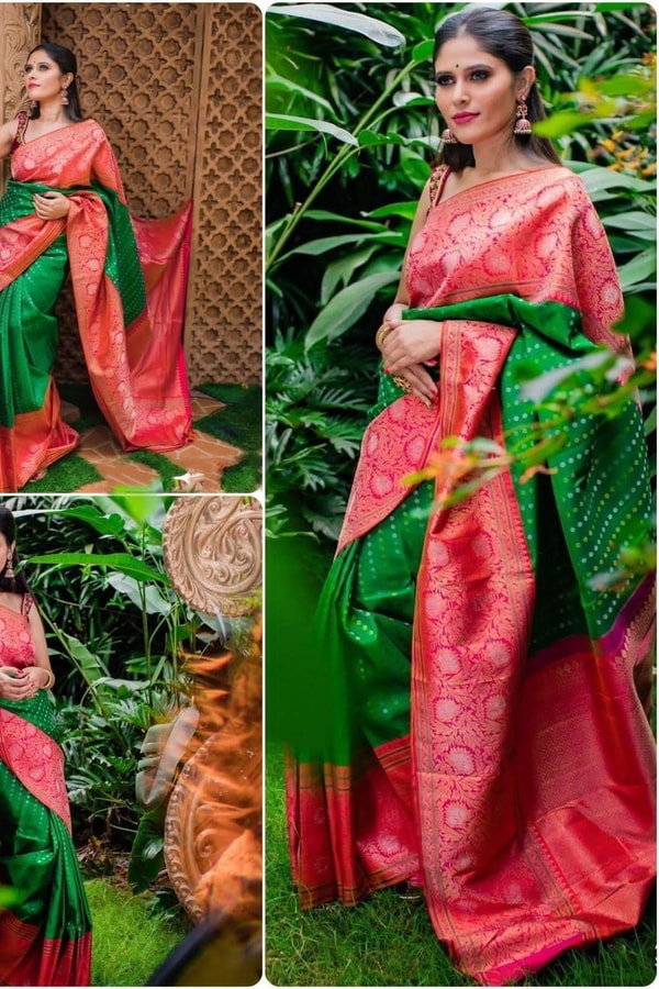 Contrast Pallu Banarasi Soft Silk Saree with Zari Buttis in Purple, Rani Pink and Green  in Surat