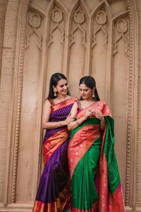 Contrast Pallu Banarasi Soft Silk Saree with Zari Buttis in Purple, Rani Pink and Green  in Surat