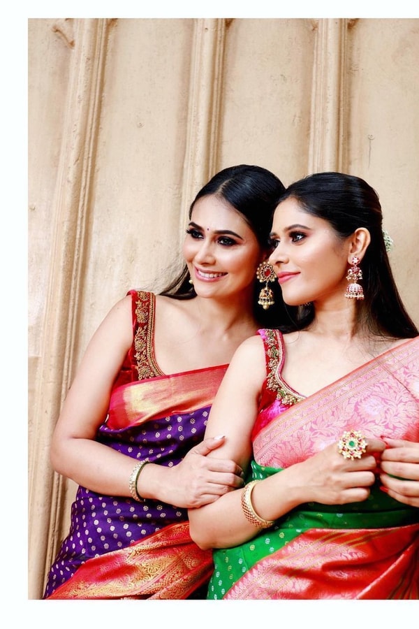 Contrast Pallu Banarasi Soft Silk Saree with Zari Buttis in Purple, Rani Pink and Green  in Surat