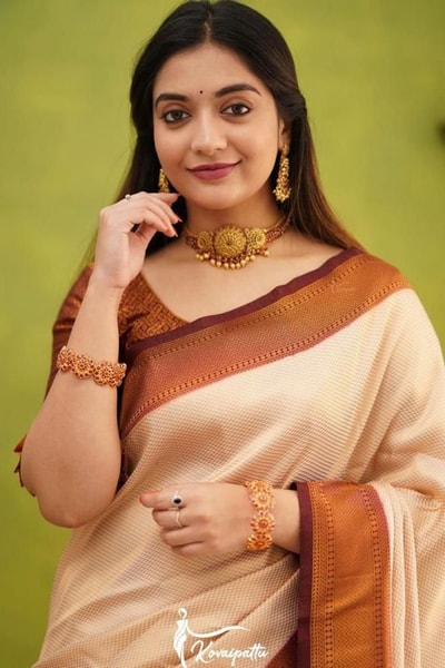 Copper Border Banarasi Soft Silk Saree in Cream, Rama and Yellow with Zari Lined Blouse in Surat
