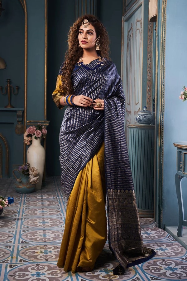 Copper Border Banarasi Soft Silk Saree in Cream, Rama and Yellow with Zari Lined Blouse  in Surat