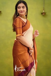 Copper Border Banarasi Soft Silk Saree in Cream, Rama and Yellow with Zari Lined Blouse  in Surat