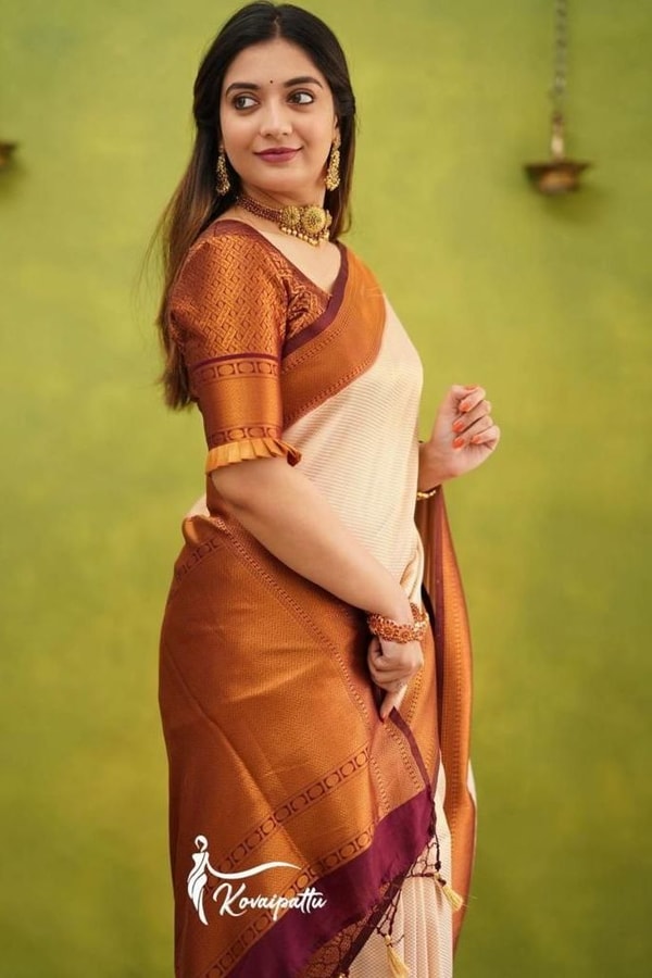 Copper Border Banarasi Soft Silk Saree in Cream, Rama and Yellow with Zari Lined Blouse  in Surat