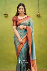 Copper Border Banarasi Soft Silk Saree in Cream, Rama and Yellow with Zari Lined Blouse  in Surat