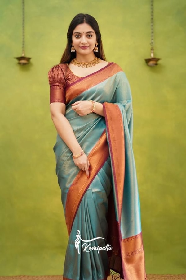 Copper Border Banarasi Soft Silk Saree in Cream, Rama and Yellow with Zari Lined Blouse  in Surat