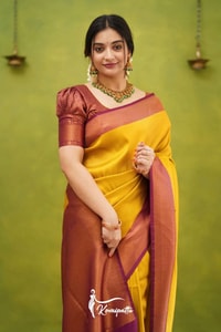 Copper Border Banarasi Soft Silk Saree in Cream, Rama and Yellow with Zari Lined Blouse  in Surat